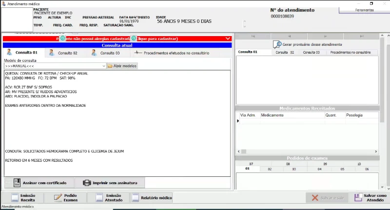 Atendimento médico com prontuário no sistema de clínicas da Gerencie (dados fictícios)