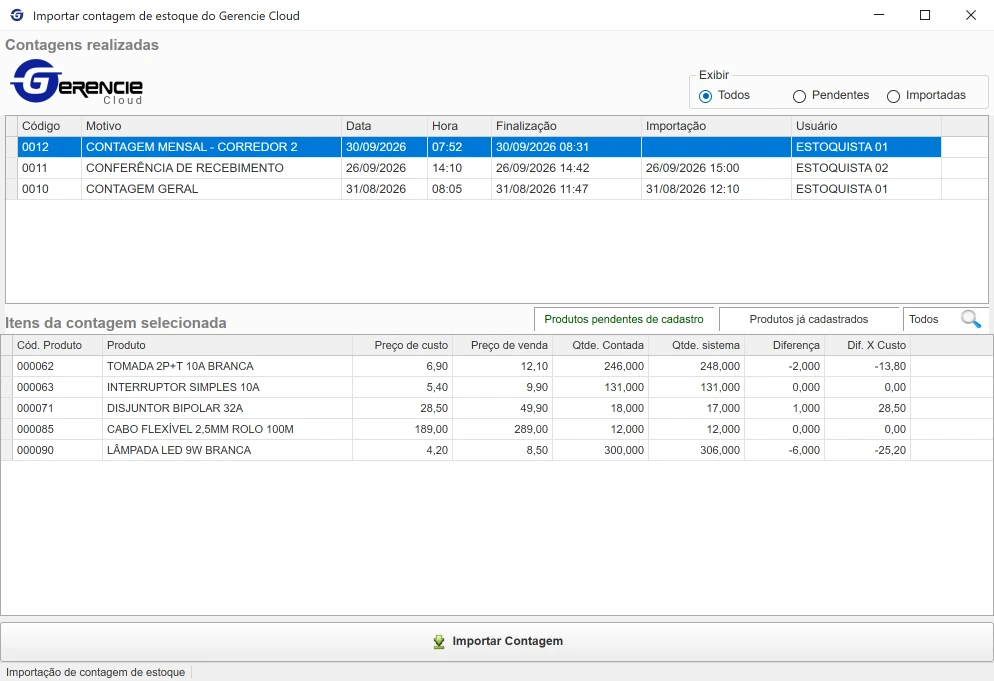 Importação da contagem de estoque feita no Gerencie Cloud