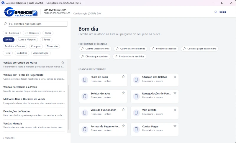 Tela inicial da Central de relatórios do ERP Gerencie